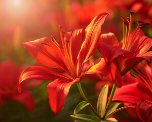Love, purity, rebirth, and the Lunar New Year are symbolized by this close-up of red lilies in full bloom in warm sunlight on a red blurred background