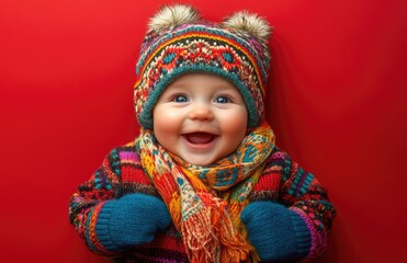 a happy baby wearing a colorful winter hat and scarf, against a solid red background