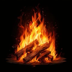 an AI Image Generator, Bright Flames of a Wood Fire Burning Against