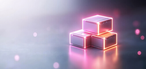 Futuristic glowing boxes stacked on reflective surface, creating vibrant atmosphere. neon lights enhance modern aesthetic, perfect for tech related themes
