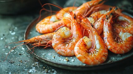 Grilled prawns, garlic, sea salt, dark plate, kitchen, food photography, recipe