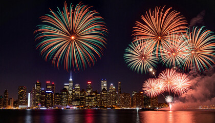 Fototapeta premium Vibrant fireworks illuminating city skyline at night, celebration atmosphere