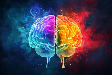 Fototapeta premium Dual Hemisphere Brain Representation in Blue and Red with Particle Effects Symbolizing Cognitive Functions and Intelligence on Dark Background