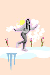 Poster image vertical photo collage of excited girl dance puddle melt ice snow warm weather march season tulips bloom sun