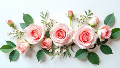 Una toma panorámica y desde un ángulo alto presenta un arreglo floral sobre un fondo blanco con textura. El arreglo presenta una variedad de rosas rosadas, algunas completamente florecidas