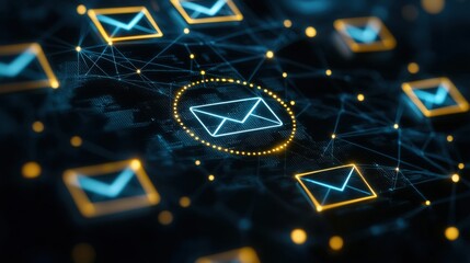 A digital illustration showcasing interconnected email icons against a dark background, representing communication and technology.