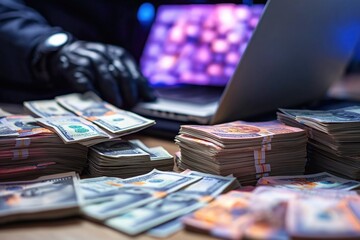 Criminal activities involving cash and technology, showcasing stacks of money and a laptop, highlighting the dark side of financial crime concept