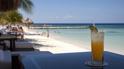 A tropical paradise with a poolside view, featuring a couple enjoying cocktails while admiring the beachfront serenity.