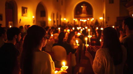 Group of People Holding Candles During a Religious Ceremony in a Beautiful Church with Dim Lighting, Creating a Peaceful and Spiritual Atmosphere