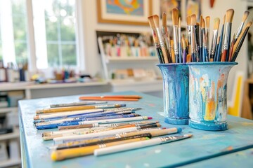 Fototapeta premium Art Studio Workspace with Paintbrushes and Colorful Tools