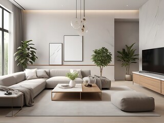 Fototapeta premium Modern Minimalist Living Room Interior - Elegant Neutral Design with Natural Light