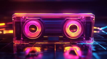 Neon cassette. Nostalgia of the 90s. Audio cassette for listening to music