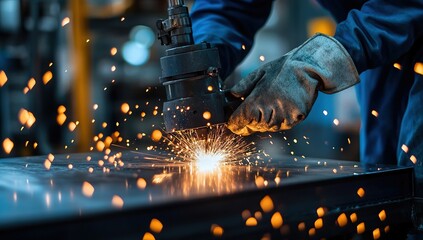 Closeup of a Welder's Hands Operating a Welding Torch, Sparks Flying in an Industrial Setting