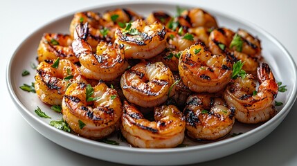 Grilled shrimp on a plate, garnished with parsley, white background