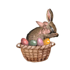 Freehand watercolor illustration Easter bunny isolated on white background. Hand drawn watercolour brown rabbit, easter eggs in basket, spring bunny cute fluffy pet, farmhouse animal.
