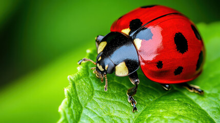 Fototapeta premium Colorful Ladybug Crawling on Green Leaf with Vibrant Red and Black Spotted Shell Highlighting Nature's Beauty and Insect Life in a Close-Up Perspective