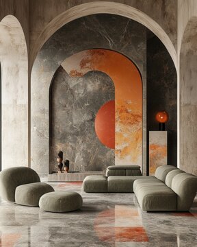 Elegant Living Room Interior with Arches and Modern Furniture in Neutral Tones and Artistic Decor