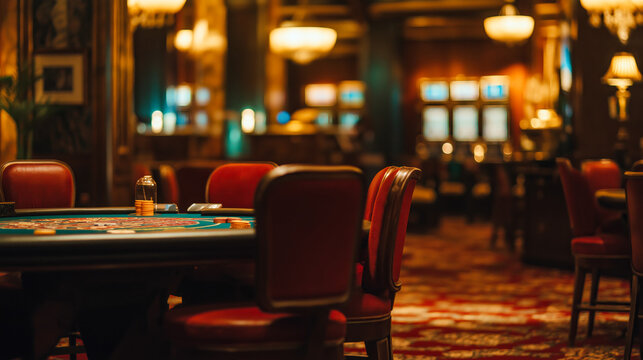 Casino indoor room with poker tables concept background. Gambling, casino, club, interior