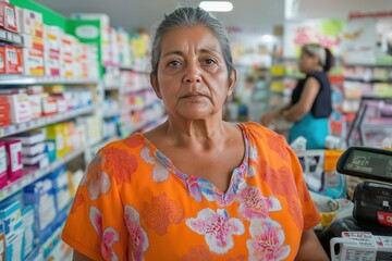 Obraz premium Resilient migrant woman standing in a pharmacy surrounded by shelves filled with various products, showcasing strength and determination in her journey, community support concept