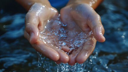 Fototapeta premium Close-Up of Human Hands Holding Fresh Water with Sparkling Drops, Symbolizing Purity, Nature, and Refreshment in a Serene Aqua Environment