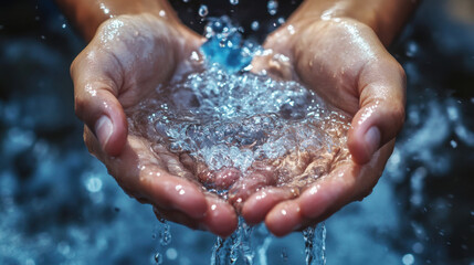 Hands Holding Clear Water in a Refreshing Gesture Symbolizing Purity and Life in Nature, Capturing the Essence of Cleanliness and Vitality in a Stunning Close-Up