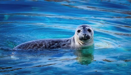 Fototapeta premium Playful Seal Glides through Crystal Clear Ocean Waters, Embracing the Tranquility of a Serene Underwater Paradise