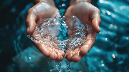 Gentle hands cupping clear water, highlighting the beauty and purity of nature, with sparkling droplets reflecting sunlight in a serene blue environment