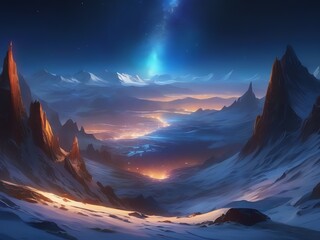 An illustration of a vast icy landscape at night surrounded by towering, jagged mountains under a clear, starry sky