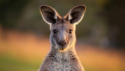 Intense EyetoEye Encounter with a Young Eastern Grey Kangaroo Macropus giganteus in an Australian Bushland at Dusk, Showcasing the Wild Beauty and Vibrant Energy of Australias Iconic Wildlife.