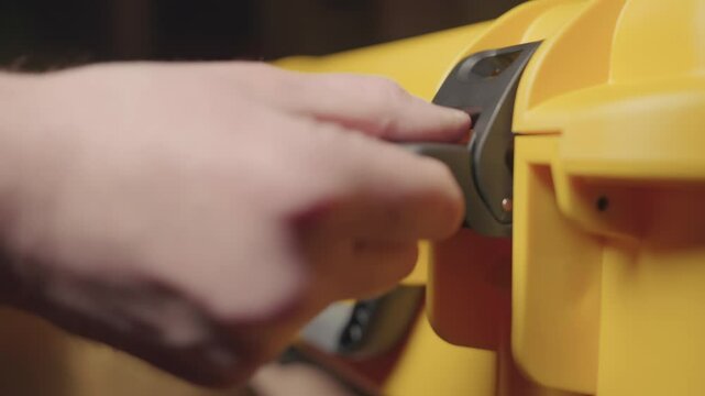 Yellow Hard Case Opening Close-up, Protective Equipment Box with Hand Operating Lock Mechanism in Soft Focus