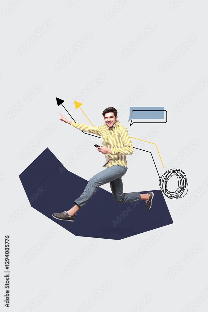 Aufkleber vertical 3d artwork collage of happy businessman run arrow success statistics development hold smart