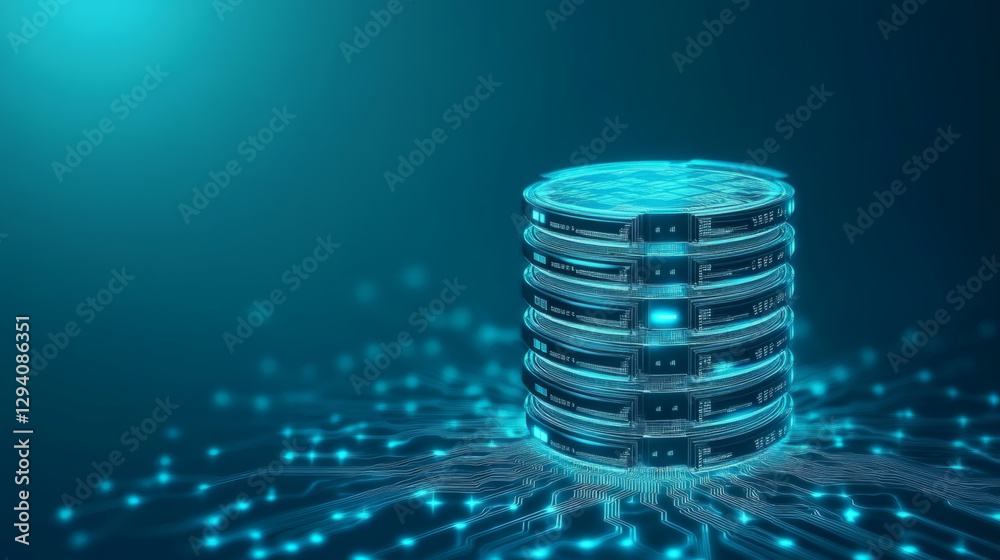 Poster Digital data storage with glowing server stacks and network connections