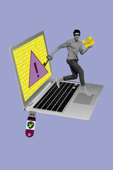 Exclusive image vertical photo collage of happy hacker man steal confidential information letter...