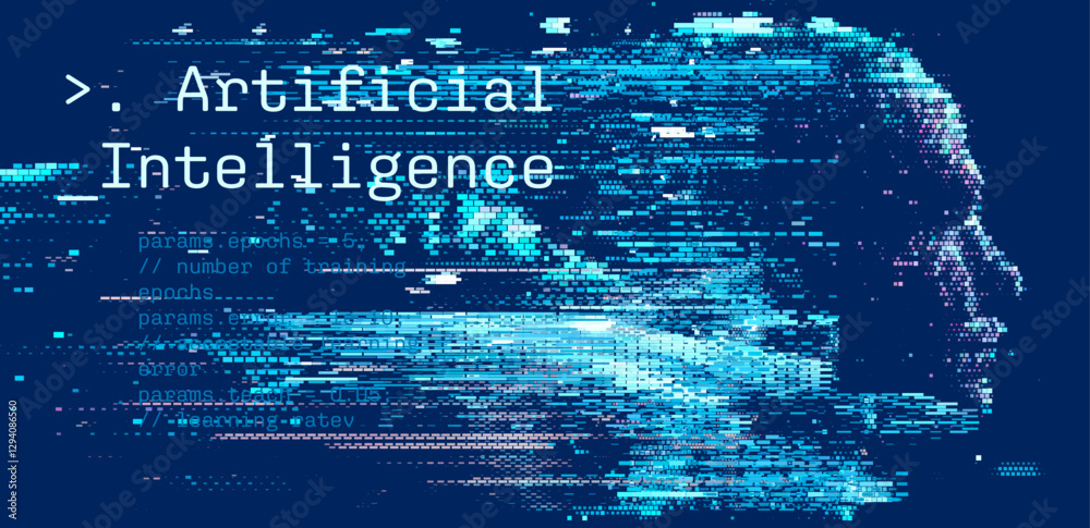 Poster Vector illustration combines digital code and pixelated elements to form silhouette of a human head, representing artificial intelligence. The design highlights the fusion of technology and humanity.
