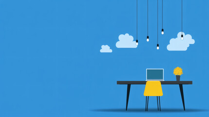 Modern workspace with a desk, chair, and decorative lamp under a blue sky