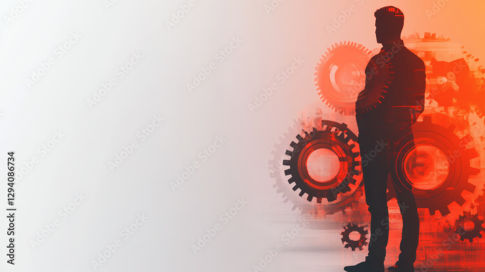 Poster Silhouette of a person with gears on a gradient background