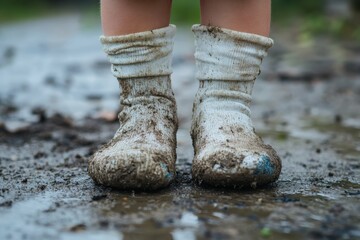 Dirty Socks. Child Feet in Stained White Socks on Contaminated Background