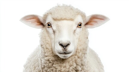 A close-up portrait of a fluffy sheep on a white background captures the essence of farm animal photography.