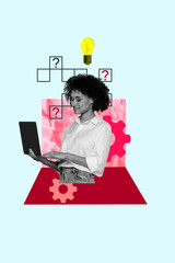 Vertical sketch 3d collage poster of happy businesswoman arrow development progress light bulb idea gears success crossword hold laptop