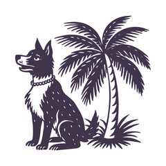 Dog Relaxing Under Palm Tree Silhouette Vector Clipart Isolated Illustration