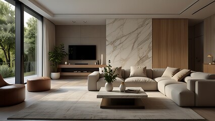 Fototapeta premium Modern Minimalist Living Room Interior - Elegant Neutral Design with Natural Light