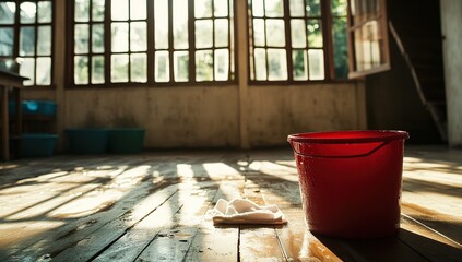 Red Cleaning Bucket on Wooden Floor in Sunlit Room