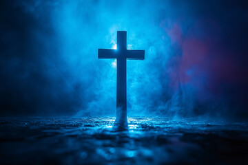 glowing cross stands in misty atmosphere, illuminated by soft blue light, creating serene and contemplative mood