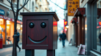 Wooden cubes with smiling faces on them. Positive concept. 