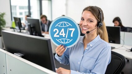 Round-the-Clock Support: A cheerful customer service representative, headset in place, proudly displays a "24/7" sign, showcasing her dedication in providing constant assistance.