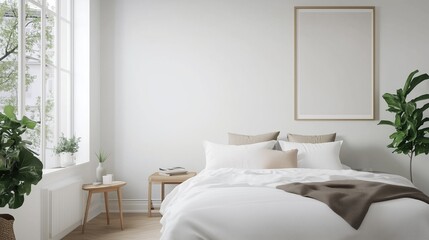 Minimalist Bedroom: Bright and airy bedroom featuring a clean, contemporary design with a double bed, picture frame, lush plants, and natural light. 