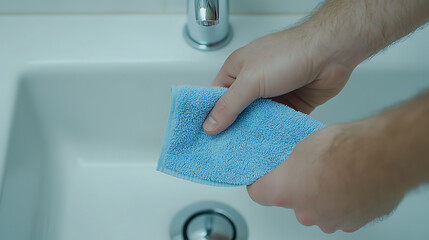 Hands drying with a blue towel over a bathroom sink. Cleanliness and hygiene routine. Faucet visible in the background, promoting good hygiene.