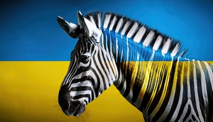 Vividly Colored Zebra Adorned with Ukrainian Flags, Striking Mood and Texture, Perfect for Artistic...