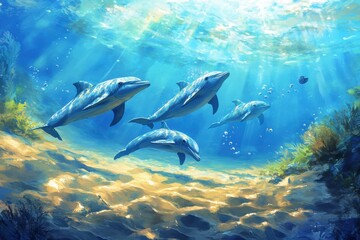 Dolphin Pod. Underwater Scene with Dolphins in Blue Ocean Water