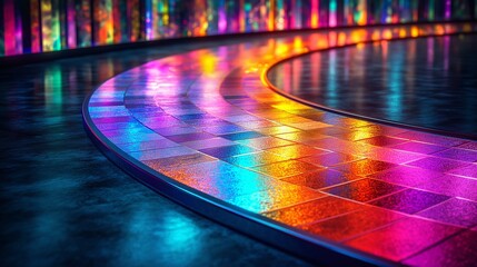 Regenbogenfarbener LED-Boden: spiegelnder Boden mit leuchtenden RGB-LED-Streifen in allen Regenbogenfarben. Die futuristische Oberfläche reflektiert ein RGB Spektrum